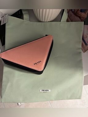 Prada Mint Green Nylon Tote with Prada triangle pink/ black cosmetic pouch